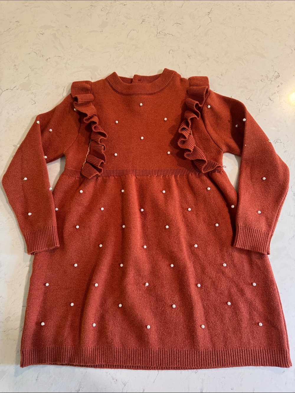 Source Unknown Rust Knit Dress with Pearl Dots and Ruffles